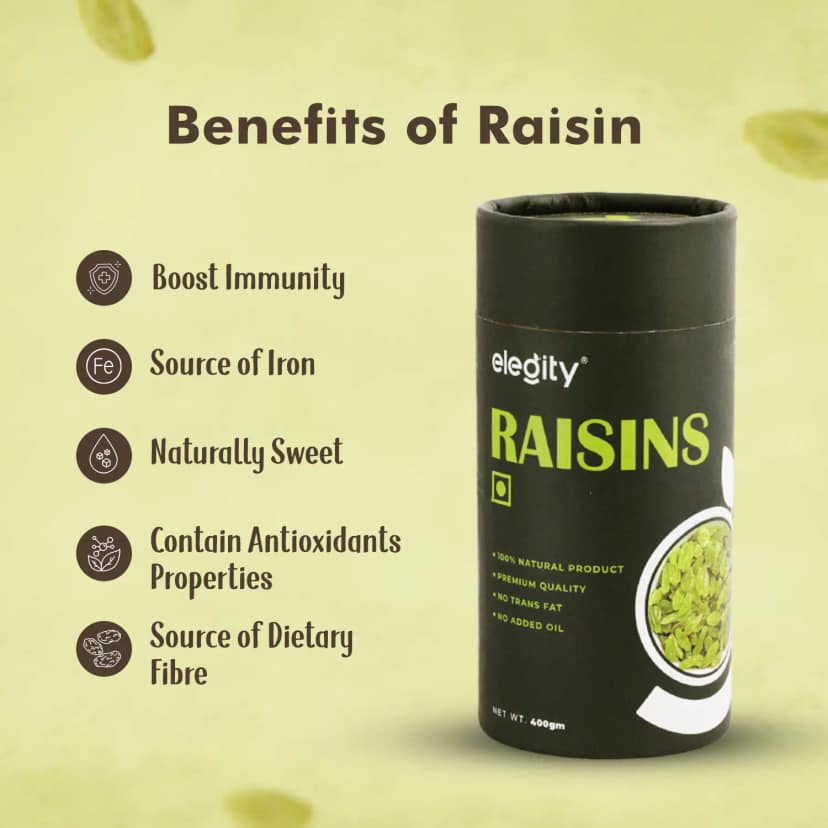 Elegity Plain Seedless Green Raisins Papertube 400 gm | 100% Natural Dried Grapes (Kishmish) | Nutritious, Delicious & Healthy Snack | Source of Fibre in Nuts | No Preservatives in Dry Fruit view 2