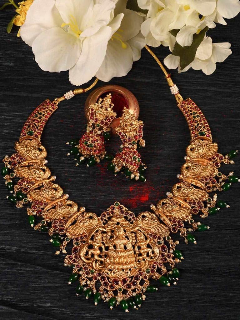 Gold Plated Kemp stone studded Temple design Necklace Green beads Jewellery set view 3