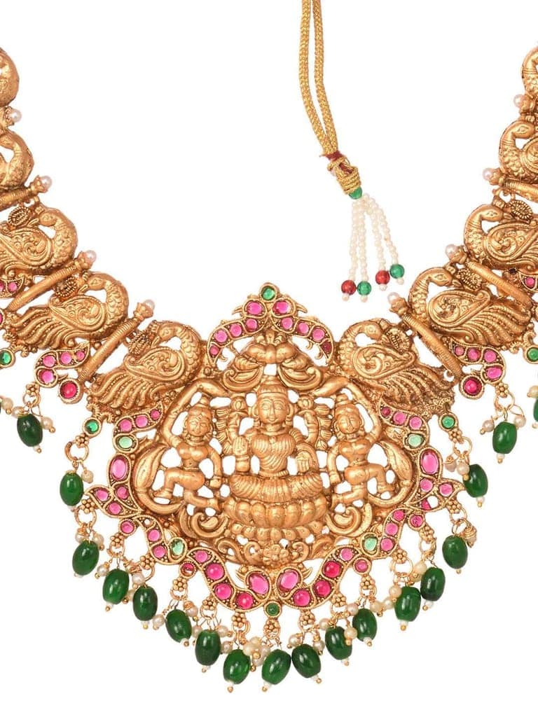 Gold Plated Kemp stone studded Temple design Necklace Green beads Jewellery set view 4