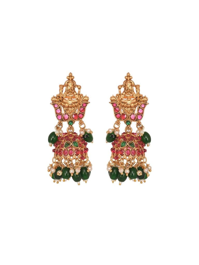 Gold Plated Kemp stone studded Temple design Necklace Green beads Jewellery set view 5