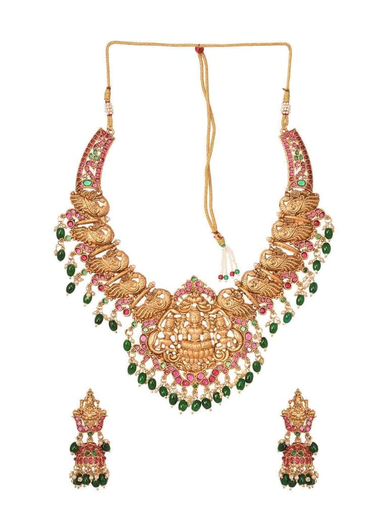 Gold Plated Kemp stone studded Temple design Necklace Green beads Jewellery set view 6