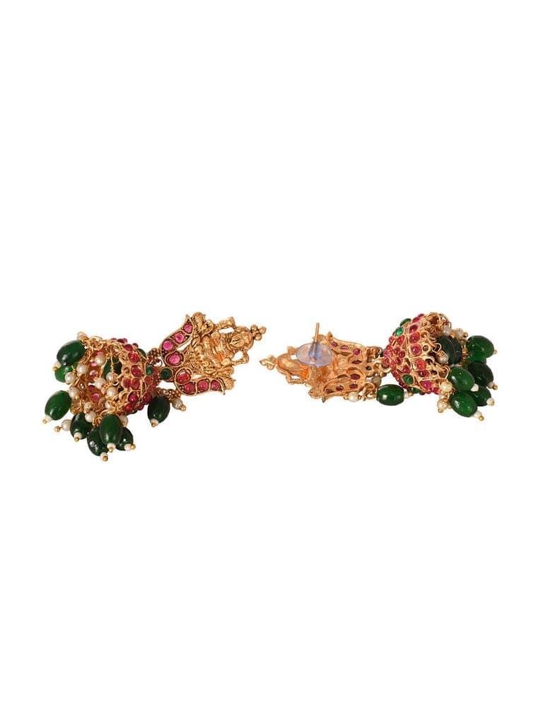 Gold Plated Kemp stone studded Temple design Necklace Green beads Jewellery set view 7