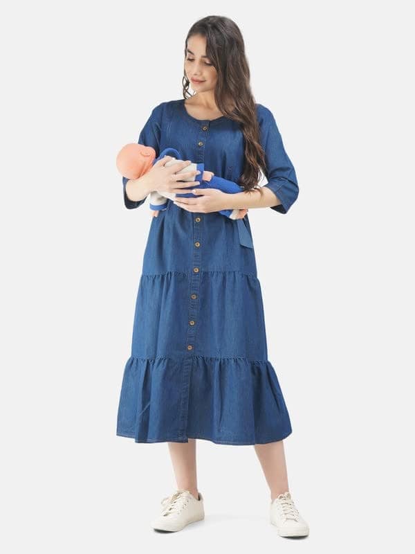 KOI SLEEPWEAR Denim Full Frock with Button &Feeding Pockets view 3