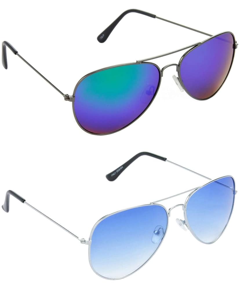 HRINKAR Men Pilot Sunglasses Grey & Silver Frame, Blue Lens (Medium) - Pack of 2