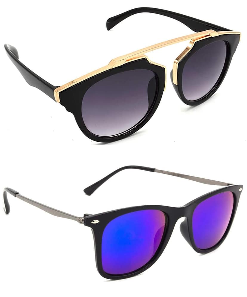 Hrinkar Unisex Wrap-around Sunglasses Golden & Grey Frame, Grey & Blue Lens (Medium) - Pack of 2