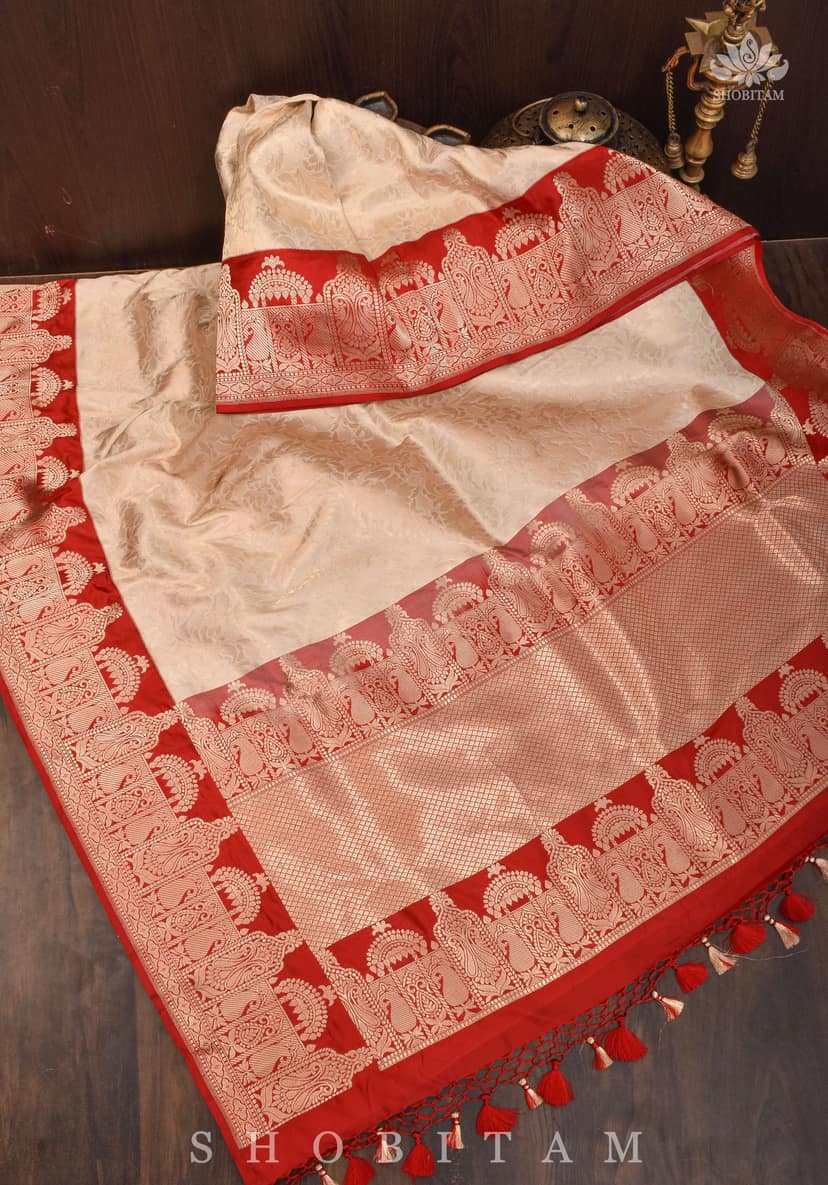 Exquisite Celebrity Brocade Banarasi Pure Katan Silk Saree in Ivory, Red & Gold with Dome Shaped Kadhiyal Borders | SILK MARK CERTIFIED view 3