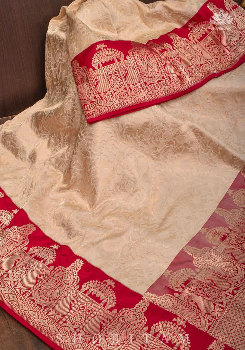 Exquisite Celebrity Brocade Banarasi Pure Katan Silk Saree in Ivory, Red & Gold with Dome Shaped Kadhiyal Borders | SILK MARK CERTIFIED view 4