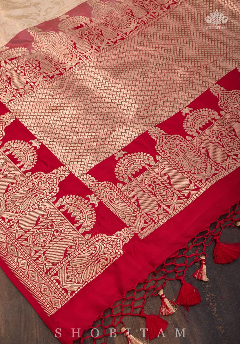 Exquisite Celebrity Brocade Banarasi Pure Katan Silk Saree in Ivory, Red & Gold with Dome Shaped Kadhiyal Borders | SILK MARK CERTIFIED view 5