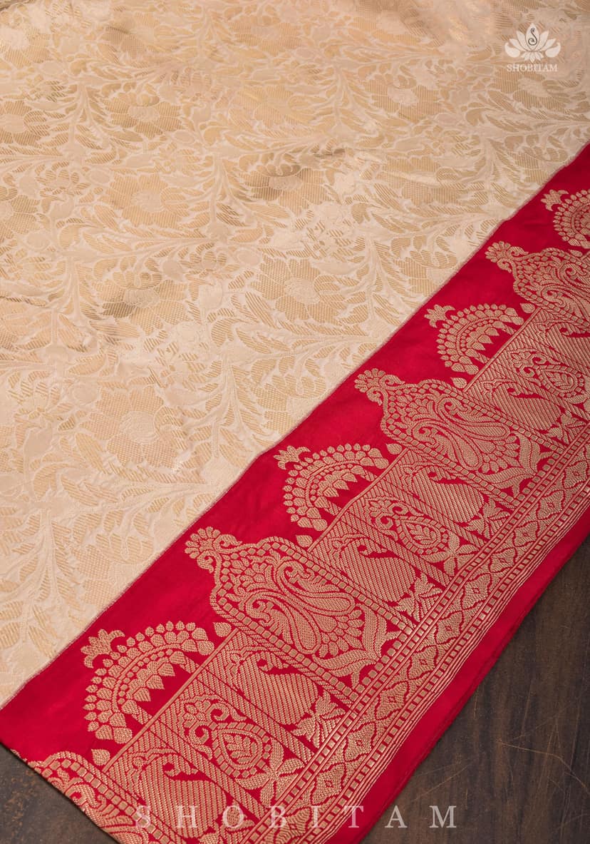 Exquisite Celebrity Brocade Banarasi Pure Katan Silk Saree in Ivory, Red & Gold with Dome Shaped Kadhiyal Borders | SILK MARK CERTIFIED view 6