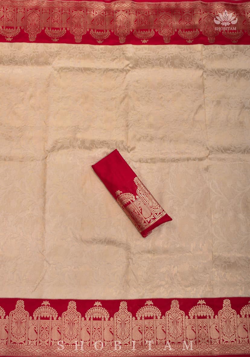 Exquisite Celebrity Brocade Banarasi Pure Katan Silk Saree in Ivory, Red & Gold with Dome Shaped Kadhiyal Borders | SILK MARK CERTIFIED view 7