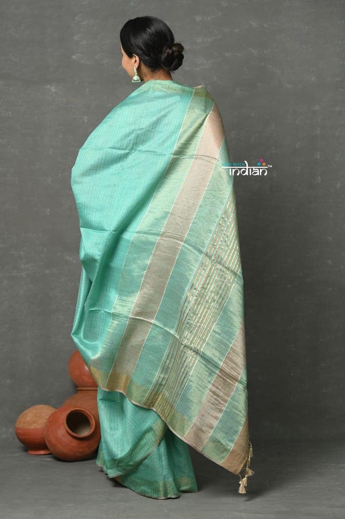 Tyohaar ~ Exclusive! Cotton By Silk Handloom Saree By Khadigram Certified Weavers - Sea Green view 3
