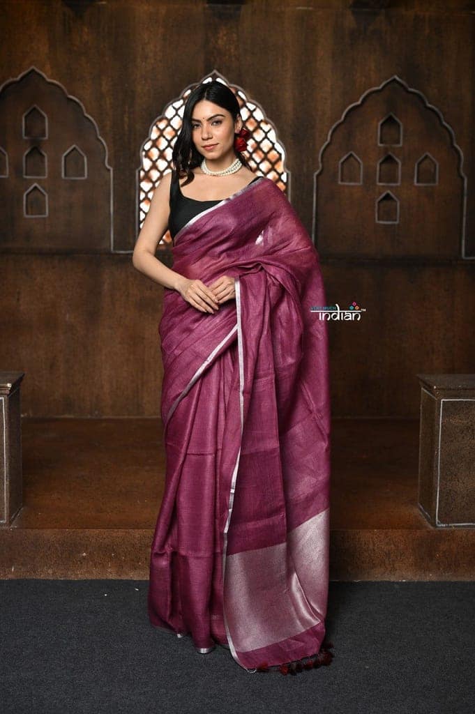Parampara ~ Handloom Pure Linen Saree with Sleek Border in Rose Pink view 2
