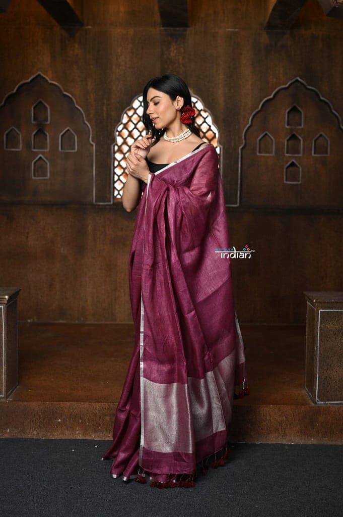 Parampara ~ Handloom Pure Linen Saree with Sleek Border in Rose Pink view 3