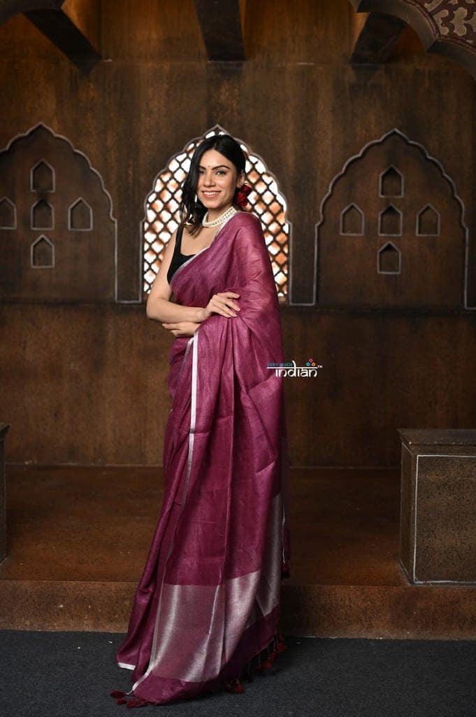 Parampara ~ Handloom Pure Linen Saree with Sleek Border in Rose Pink view 4