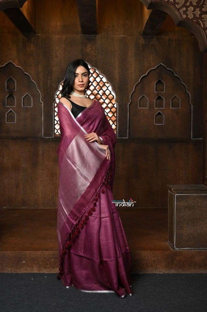 Parampara ~ Handloom Pure Linen Saree with Sleek Border in Rose Pink view 5