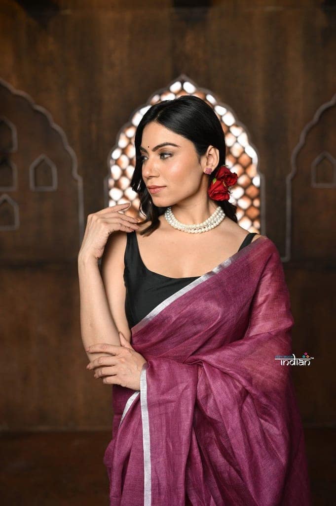 Parampara ~ Handloom Pure Linen Saree with Sleek Border in Rose Pink view 7