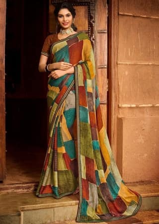 Multicolor Zari Work Chiffon Saree With Fancy Border And Jecquard Blouse Piece