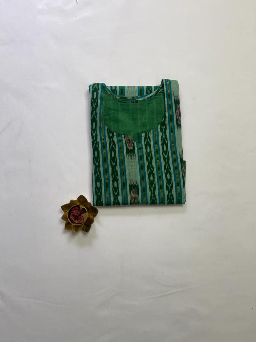 Sambalpuri Ikat Green Cotton Kurti view 4