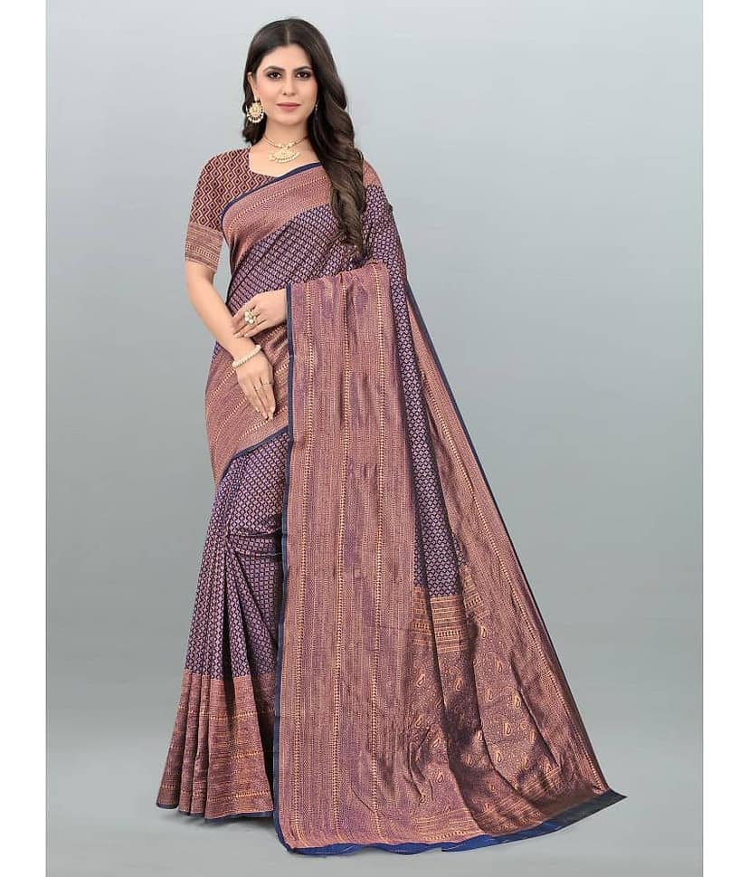 Om Shantam Sarees Banarasi Silk Embellished Saree With Unstitched Blouse Piece ( Navy Blue )
