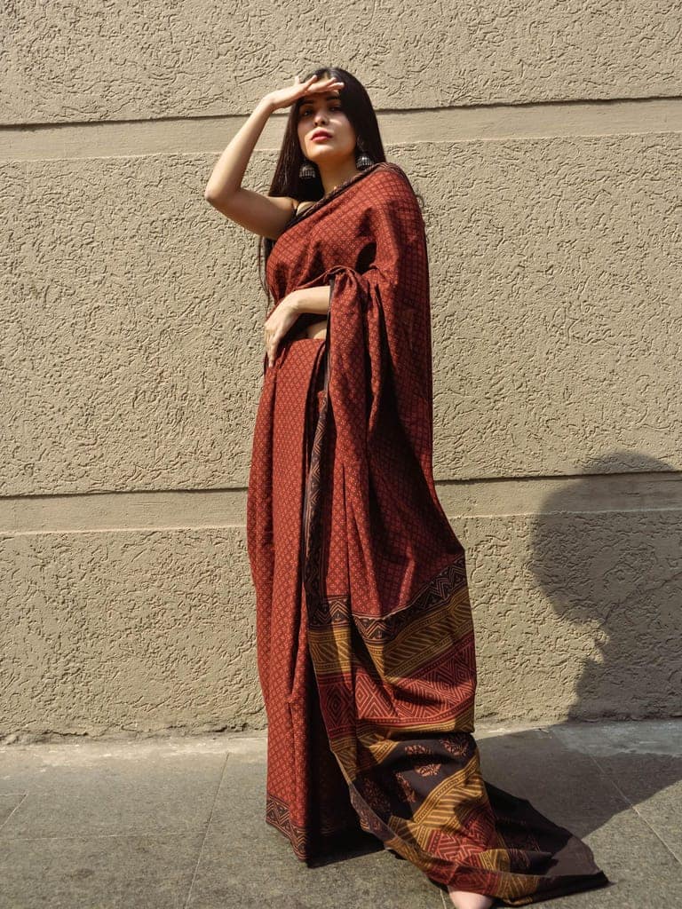 Roheda Makkhi buta natural dyed handblock printed Bagru saree view 7