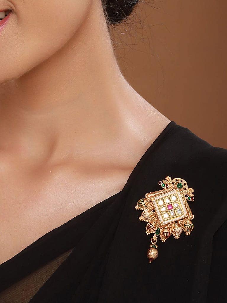 Gold Toned Kundan & Pearl Beaded Peacock Design Broach Saree Pin view 3