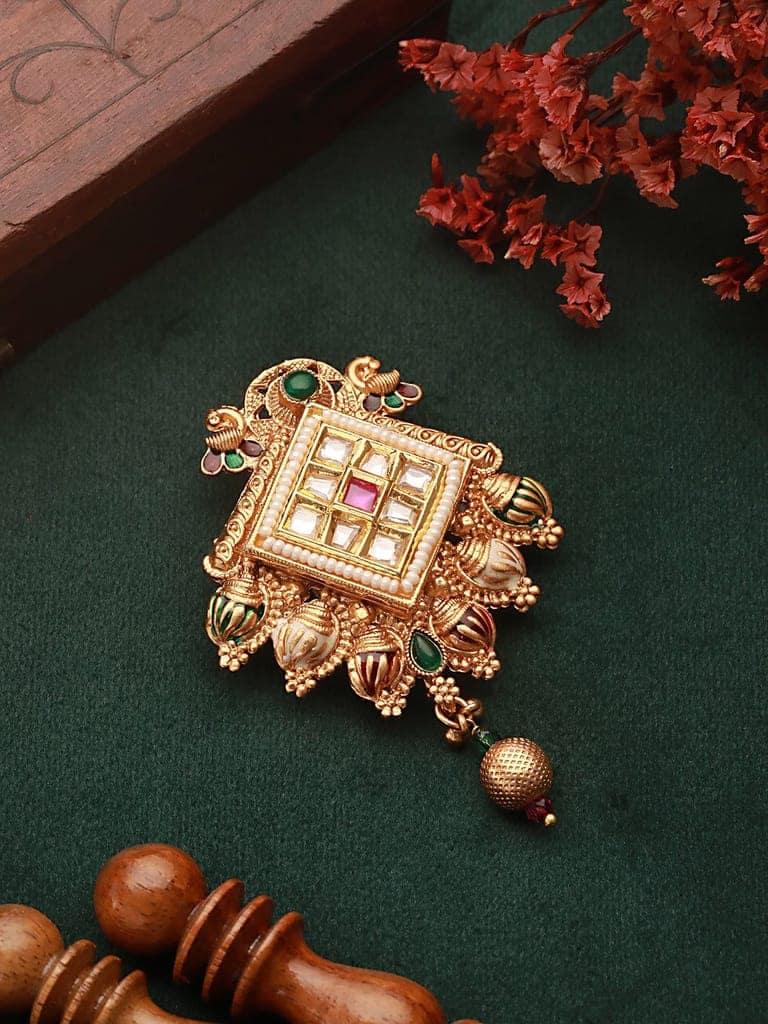 Gold Toned Kundan & Pearl Beaded Peacock Design Broach Saree Pin view 4