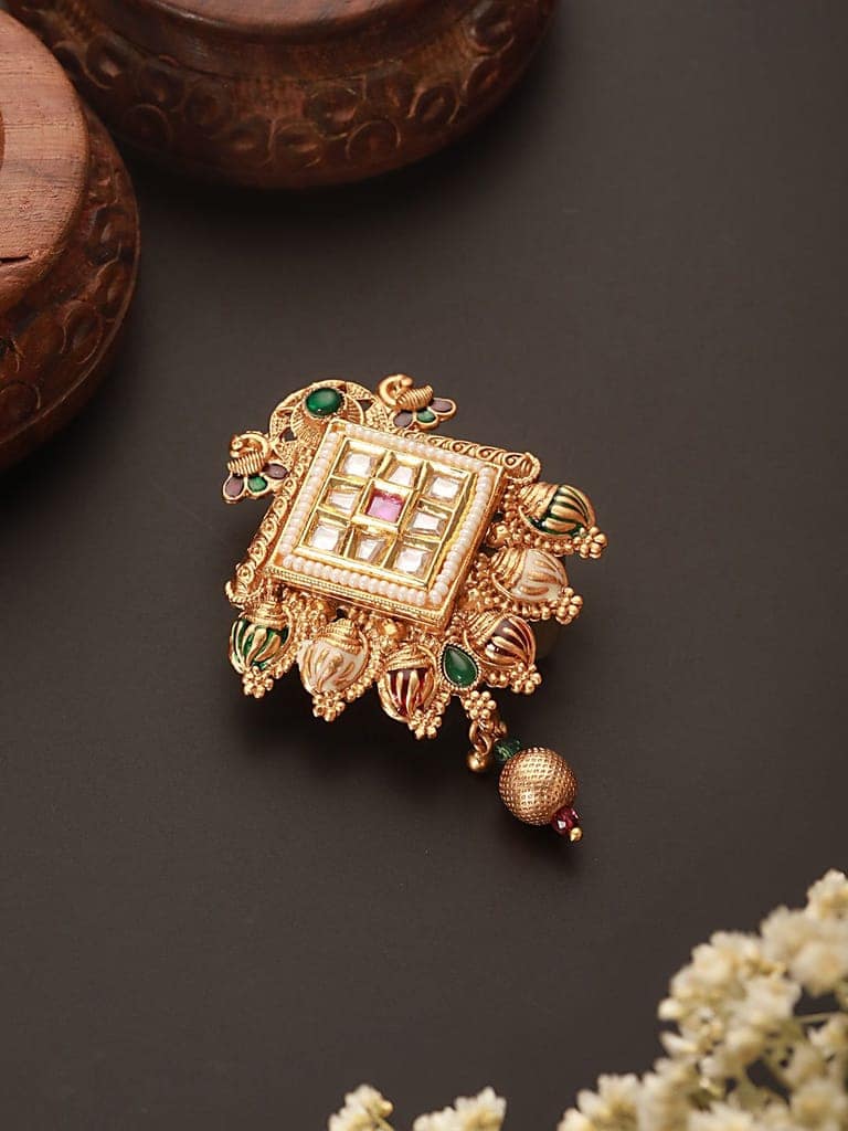 Gold Toned Kundan & Pearl Beaded Peacock Design Broach Saree Pin view 5