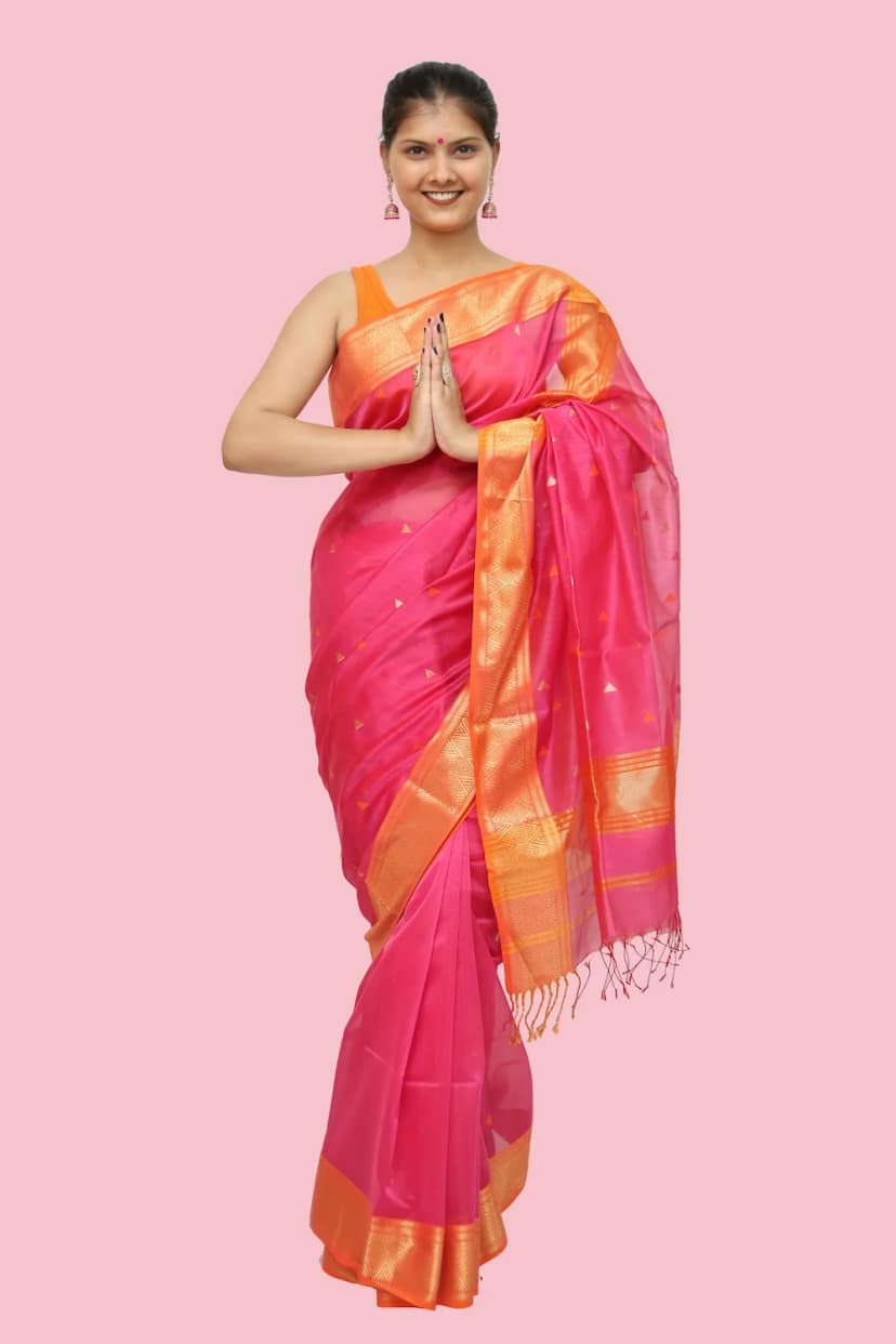 Classy Pink Pearl Choka Borcade handloom Saree with Tassels view 3
