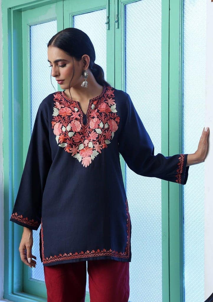 HOC Crafts Aari Embroidered Cotton Solid Women's Short Kurta - Navy Blue view 4