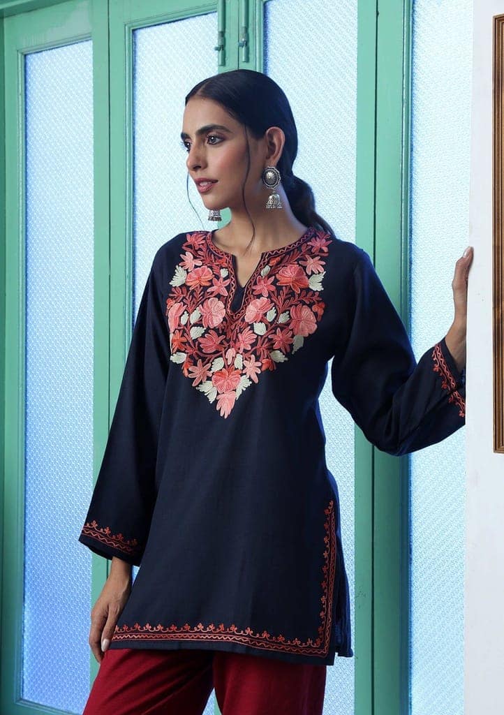 HOC Crafts Aari Embroidered Cotton Solid Women's Short Kurta - Navy Blue view 6