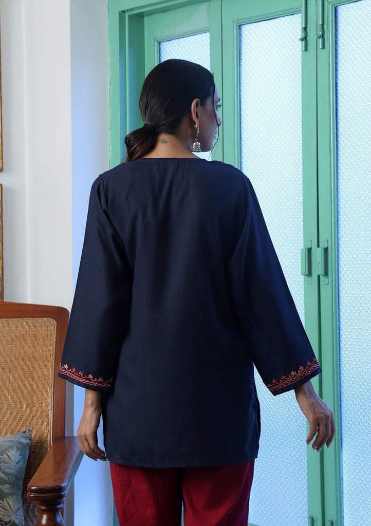 HOC Crafts Aari Embroidered Cotton Solid Women's Short Kurta - Navy Blue view 7