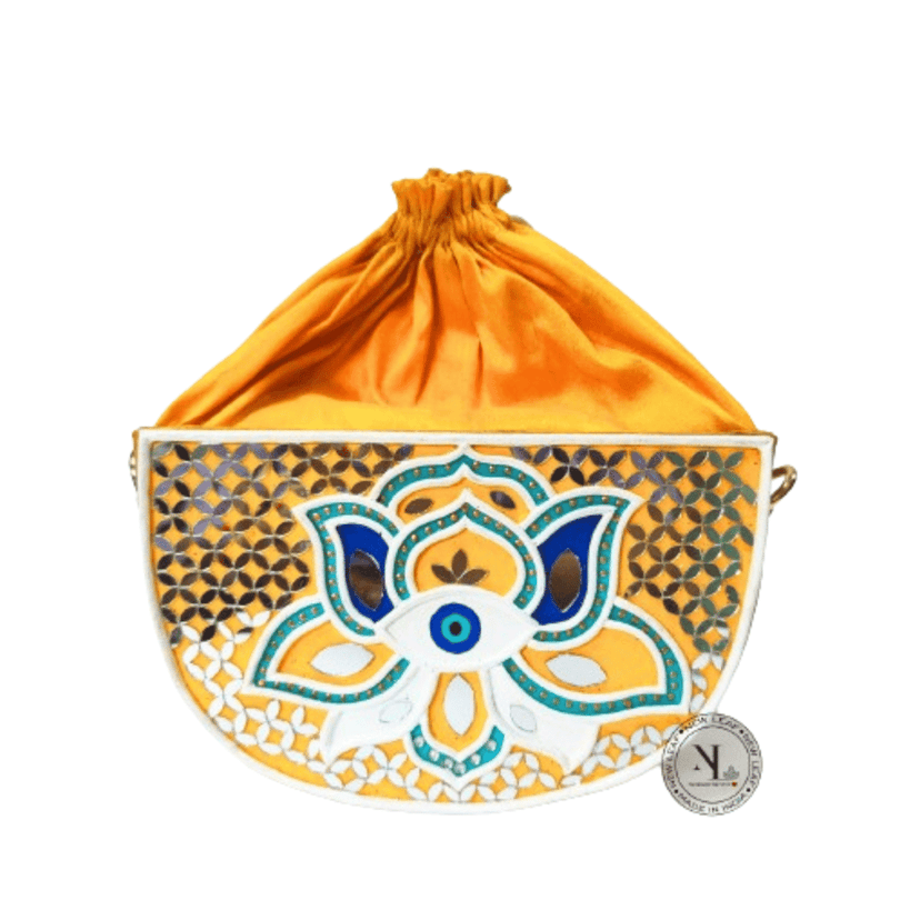Evil Eye Semi Circle Lippan Art Handcrafted Potli Bag with Sling