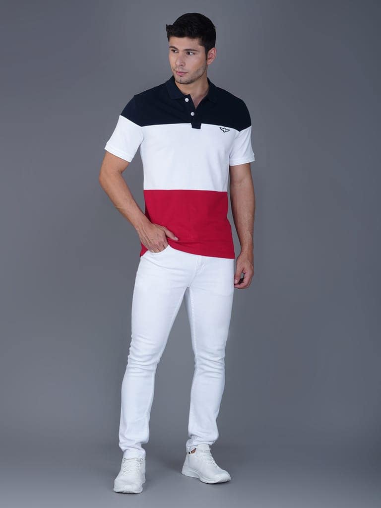 Men’s Premium Cotton Color Block Polo T-shirt Navy/white/Red view 5