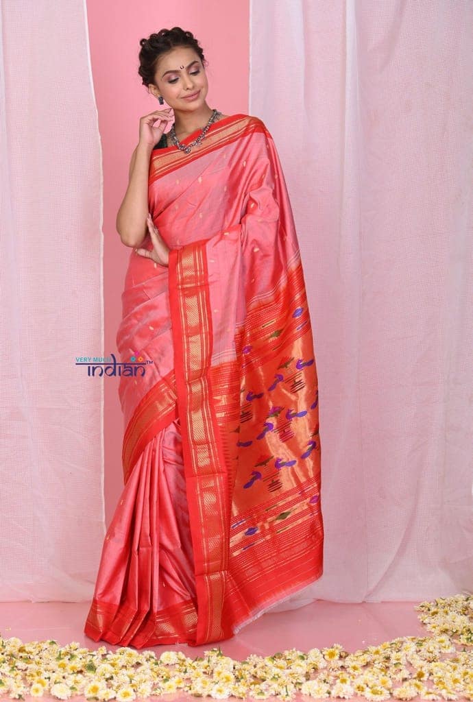 Pehal~ Authentic Handloom Peachy Red Pure Silk Paithani with Red Border & Traditional Double Pallu