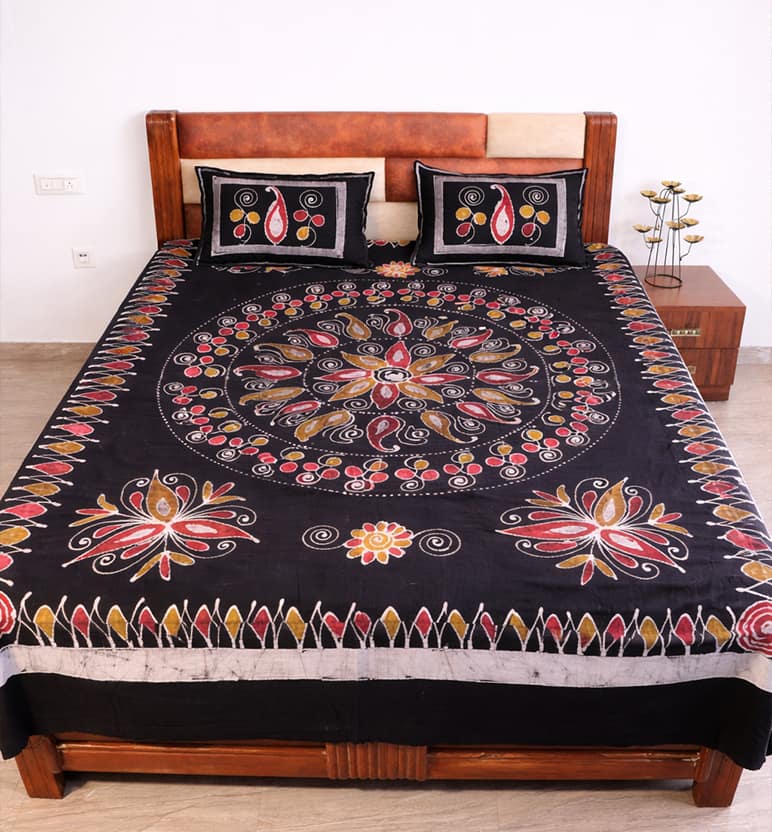Handcrafted Batik Print Cotton Double Bed Sheet with Two Pillow Covers