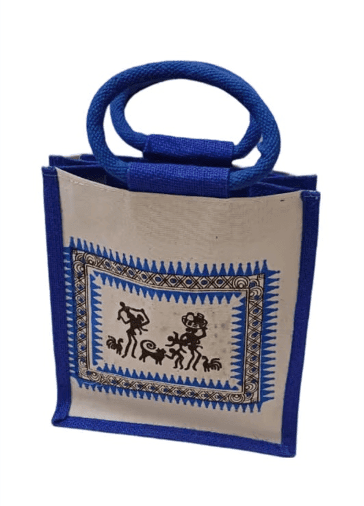 Warli Art Jute & Cotton Blend Tote Bag with Braided Handles (Blue)