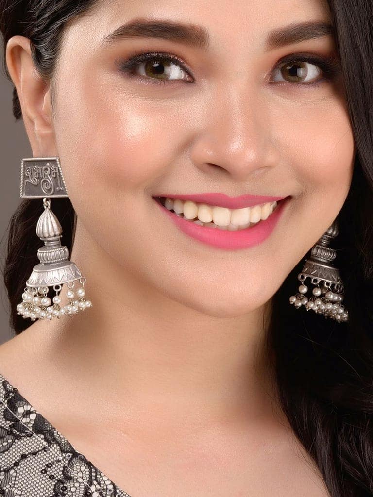 Silver Oxidised Handcrafted Contemporary Jhumka Earrings view 2
