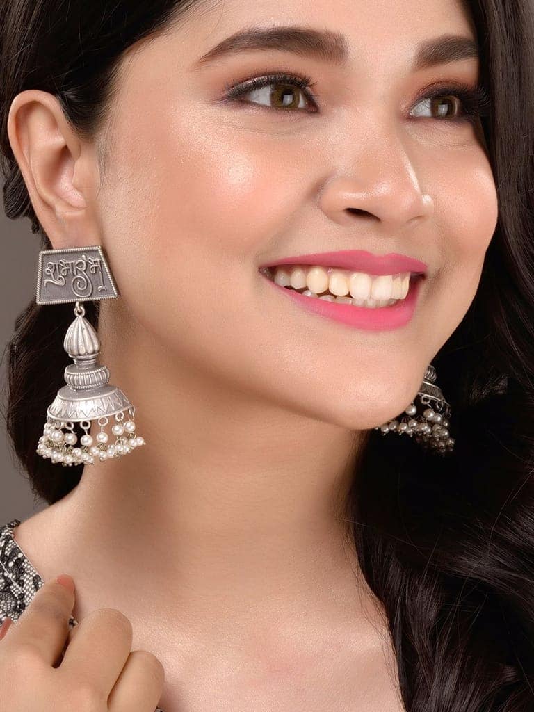 Silver Oxidised Handcrafted Contemporary Jhumka Earrings view 6