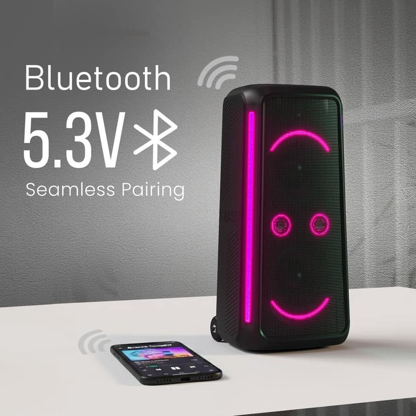Portronics 250W Iron Beats 5 Prime Wireless Wheeled Party Speaker with Upto 6 Hours Playtime & Wireless Karaoke UHF Mic, Dual 8 Inch Subwoofer, Smiley LED Lights, Bass Boost Technology (Black) view 2