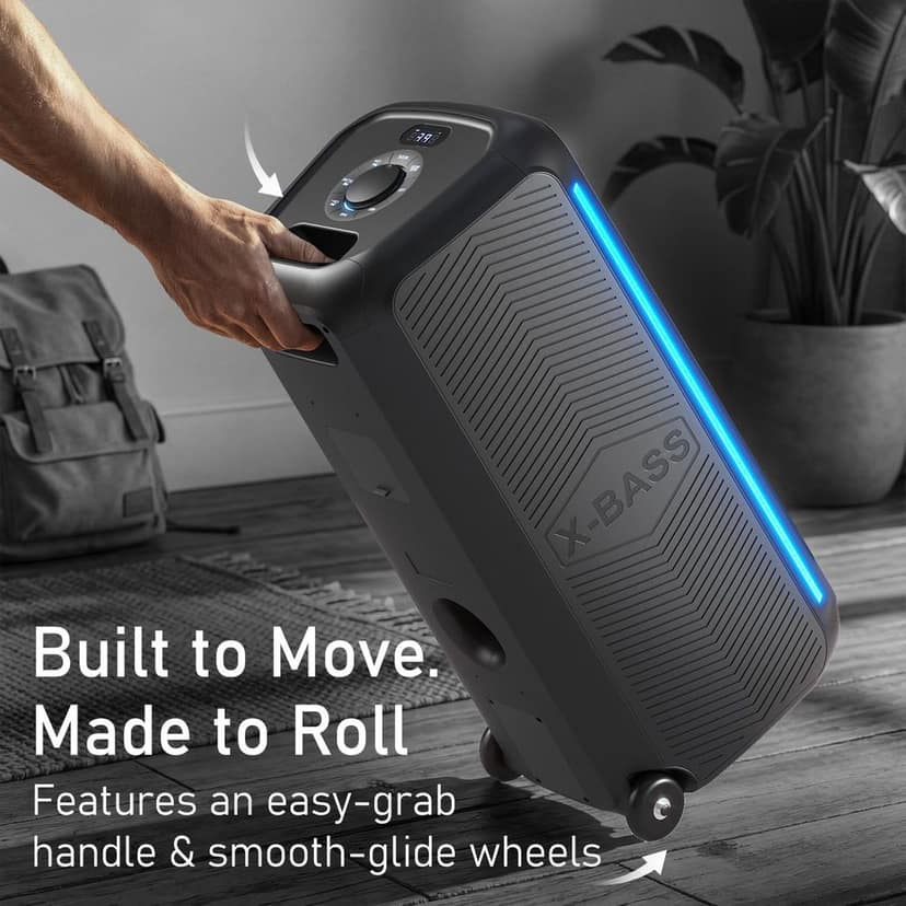 Portronics 250W Iron Beats 5 Prime Wireless Wheeled Party Speaker with Upto 6 Hours Playtime & Wireless Karaoke UHF Mic, Dual 8 Inch Subwoofer, Smiley LED Lights, Bass Boost Technology (Black) view 3