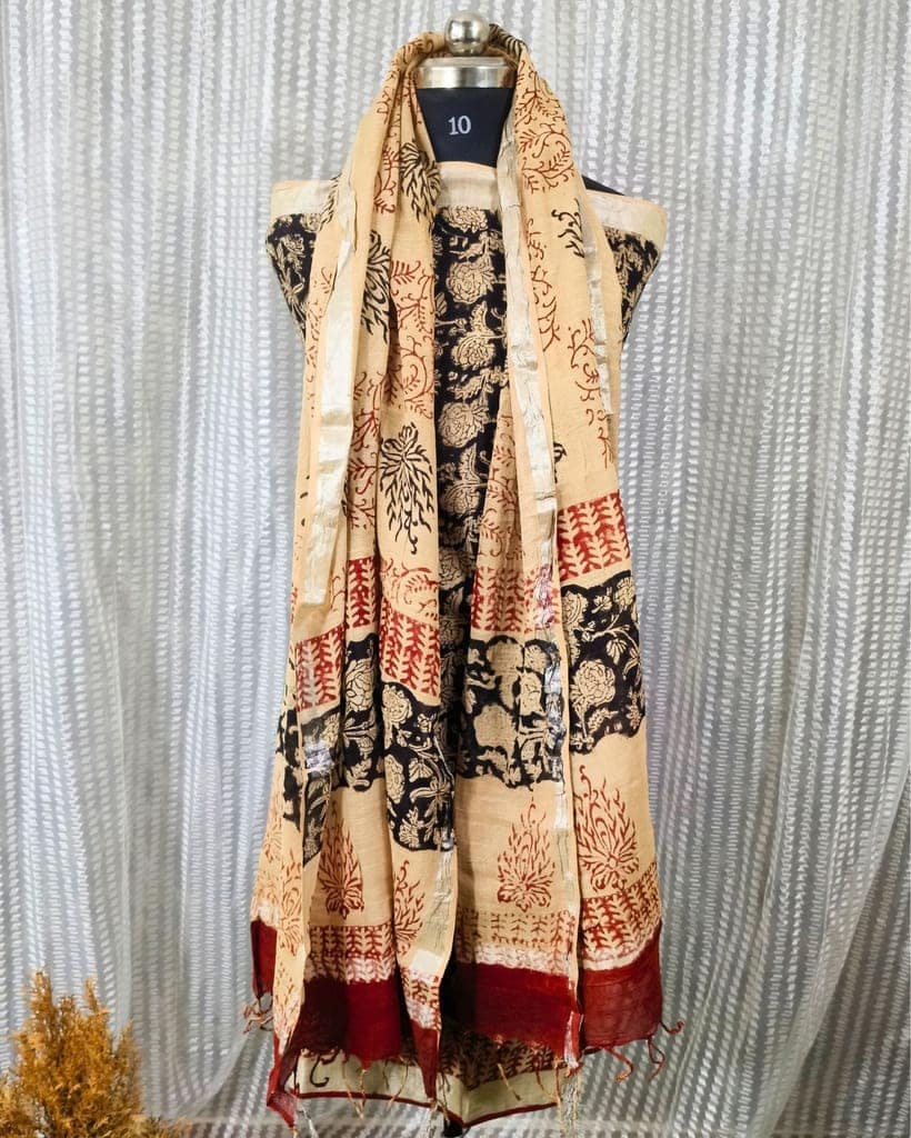 Linen Suit Set Black & Pale Peach Color with Cotton Bottom, Linen Top and Dupatta Handblock Printed-3408