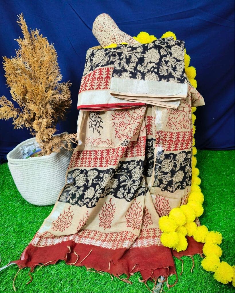 Linen Suit Set Black & Pale Peach Color with Cotton Bottom, Linen Top and Dupatta Handblock Printed-3408 view 2