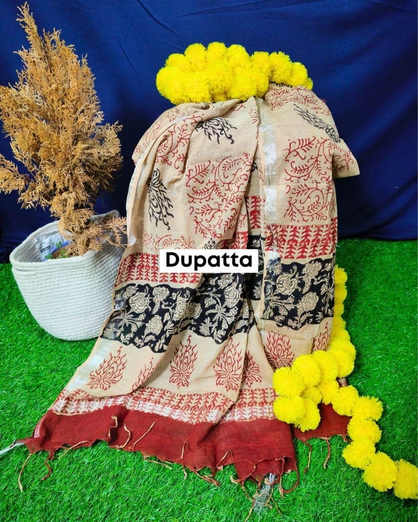Linen Suit Set Black & Pale Peach Color with Cotton Bottom, Linen Top and Dupatta Handblock Printed-3408 view 3
