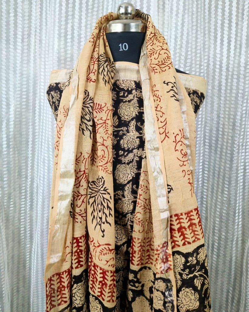 Linen Suit Set Black & Pale Peach Color with Cotton Bottom, Linen Top and Dupatta Handblock Printed-3408 view 5