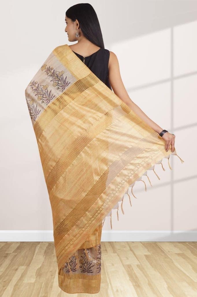 Cream and Yellow Linen Saree view 2
