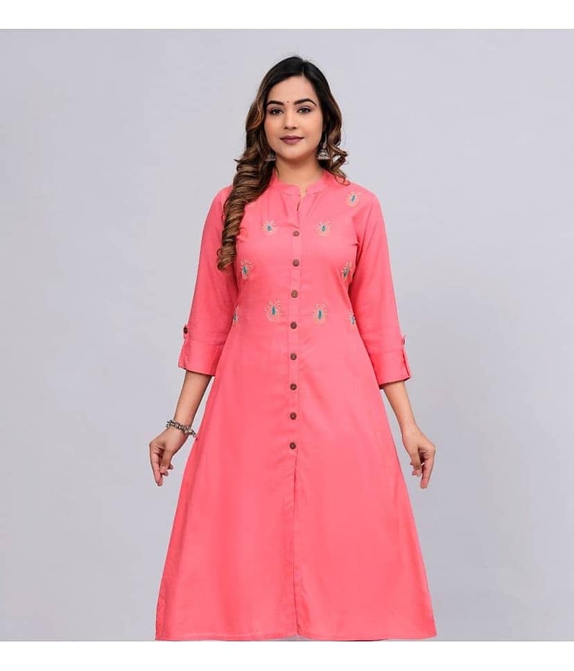 MAUKA Rayon Embroidered Front Slit Women's Kurti - Pink ( Pack of 1 )