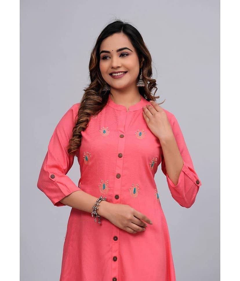 MAUKA Rayon Embroidered Front Slit Women's Kurti - Pink ( Pack of 1 ) view 2