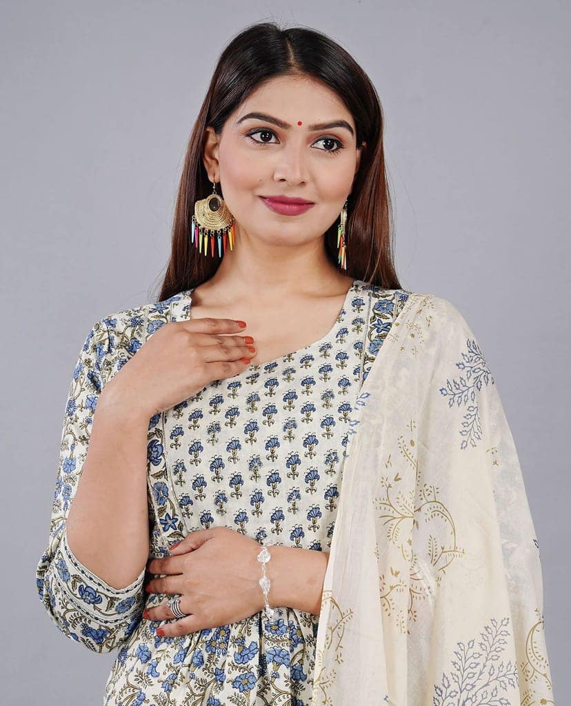 MANMAYEE Women's Badala Work On Yoke Cotton Nyra Cut Kurti with Pant & Dupatta | Nyra Cut Kurti view 3