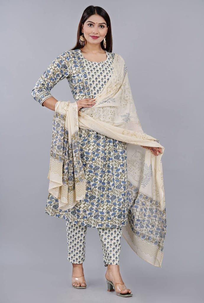 MANMAYEE Women's Badala Work On Yoke Cotton Nyra Cut Kurti with Pant & Dupatta | Nyra Cut Kurti view 5