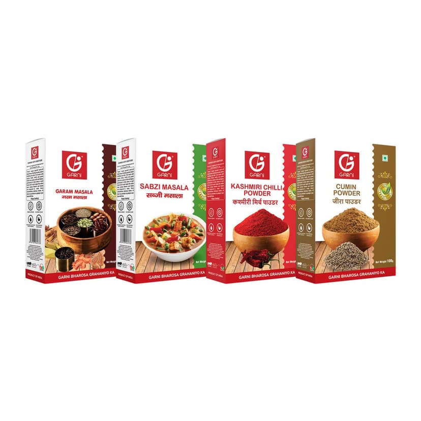 Garni Foods Garam Masala 100g + Sabzi Masala 100g + Kashmiri Chilli Powder + Jeera Powder 100gm Combo Pack of 4 (4 X 100g)